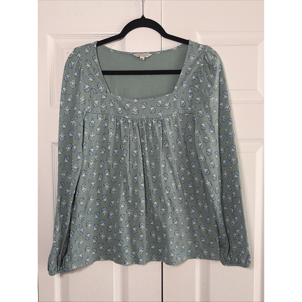 Lucky Brand Square Neck Floral Top Womens Size M Green Knit Long Sleeve Cottage